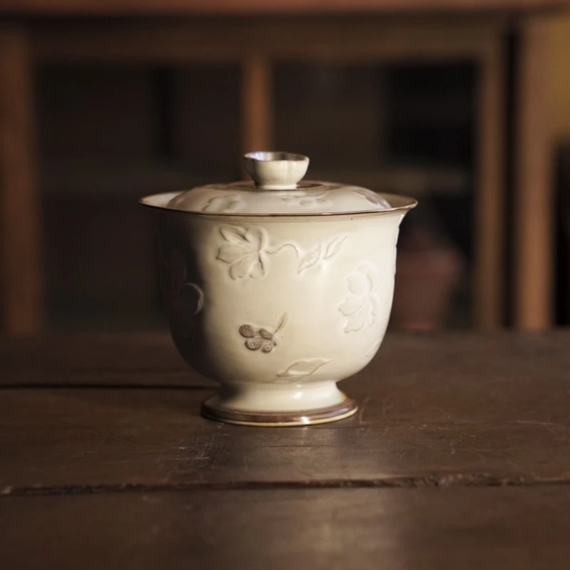 【小田甄陶】山茶花溜银高足盖碗（120cc）（Q0748）