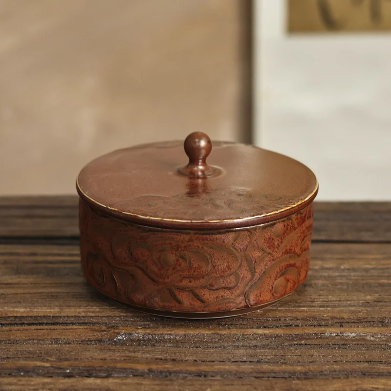 【小田甄陶】祥云果盘带盖红金釉12公分（V2463）