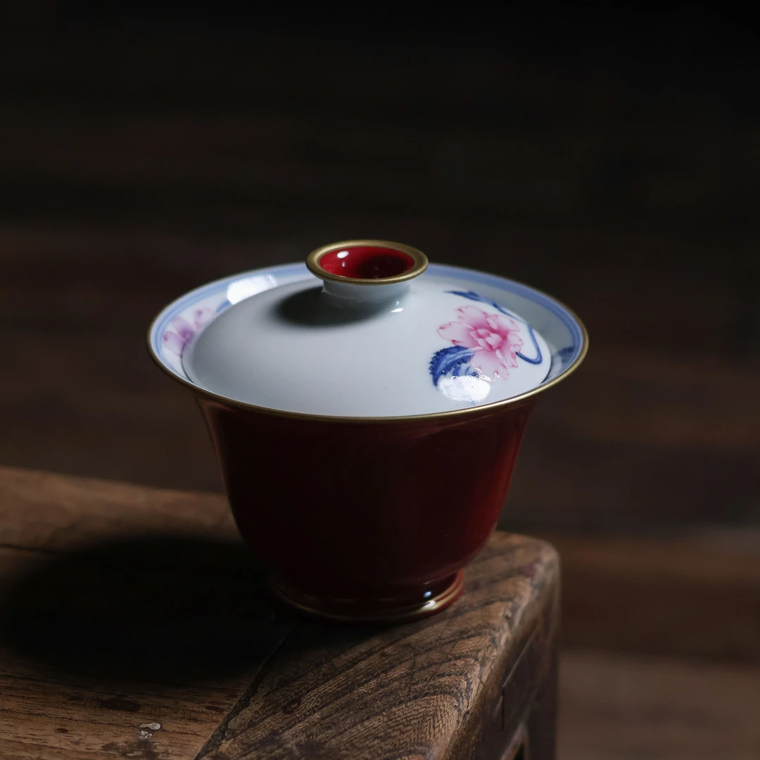 【小田甄陶】虞美人玫瑰红-华隐堂-盖碗（华隐S0803）