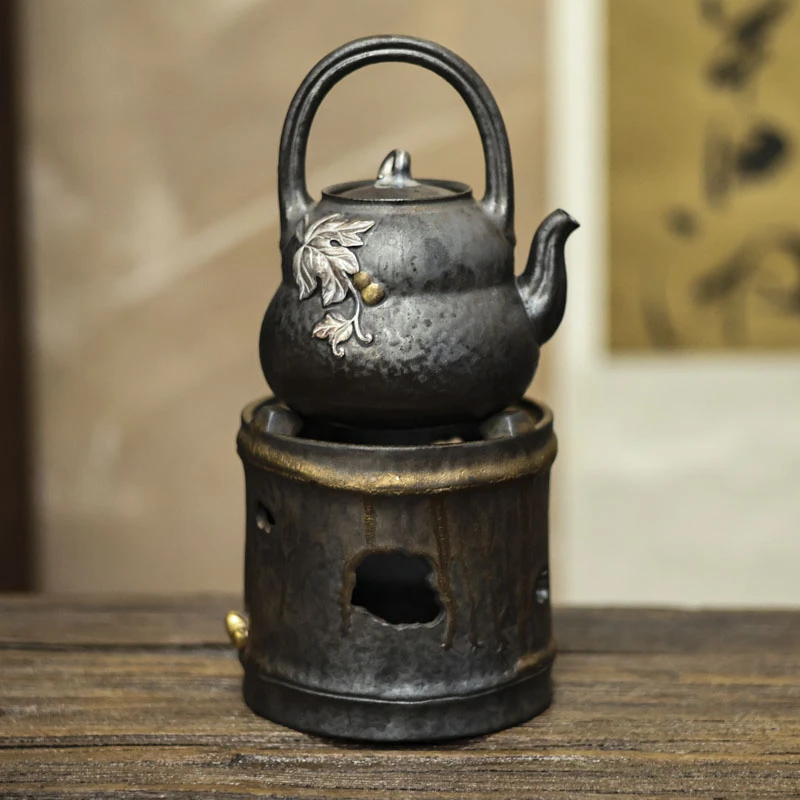 【小田甄陶】鎏金福禄提梁壶+鎏金金豆酒精炉套组 容量380CC