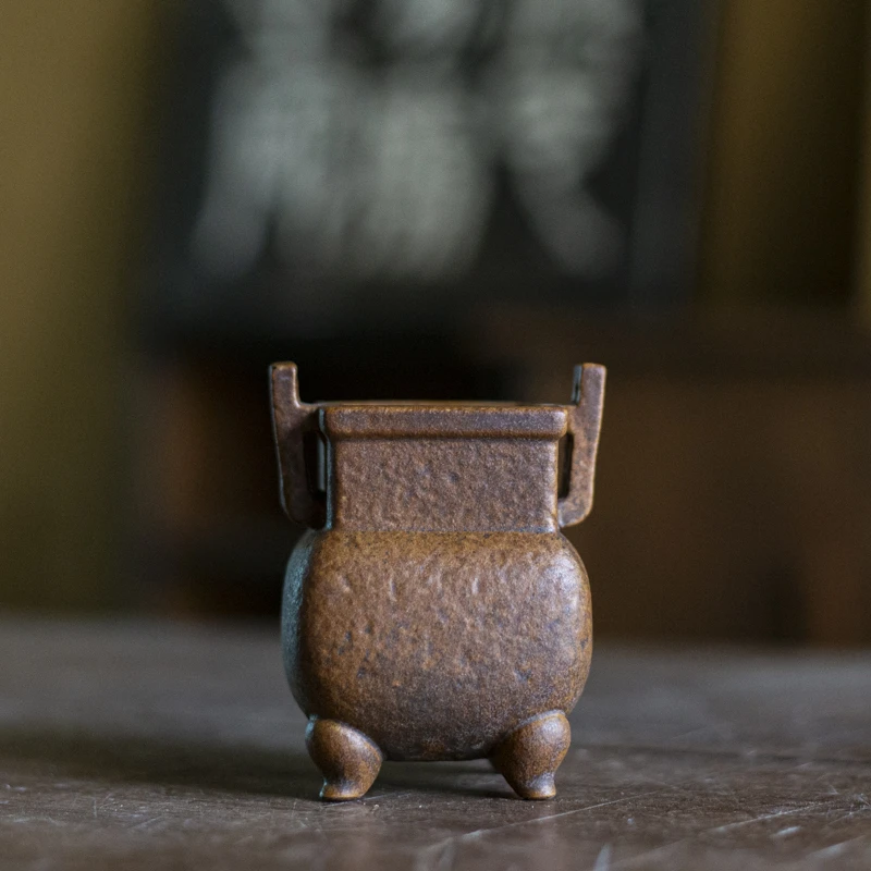 【小田甄陶】酱釉-灰念-四方鼎香炉（Q0505）