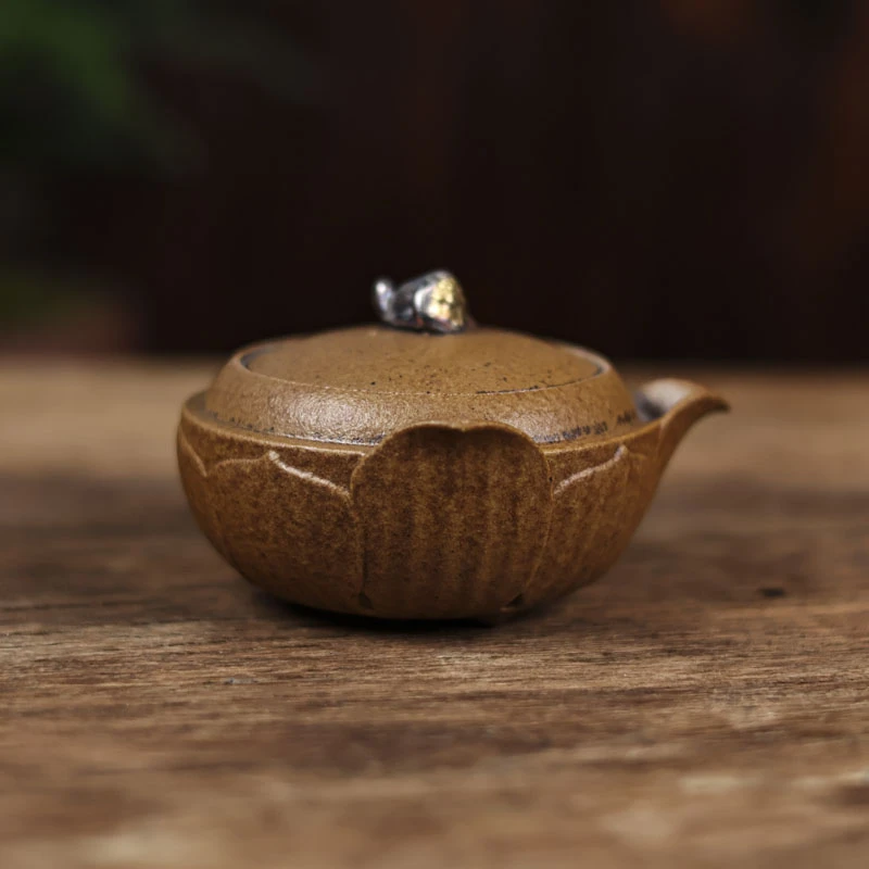 【小田甄陶】酱釉-灰念-睡莲手抓壶-80CC（灰念0015）