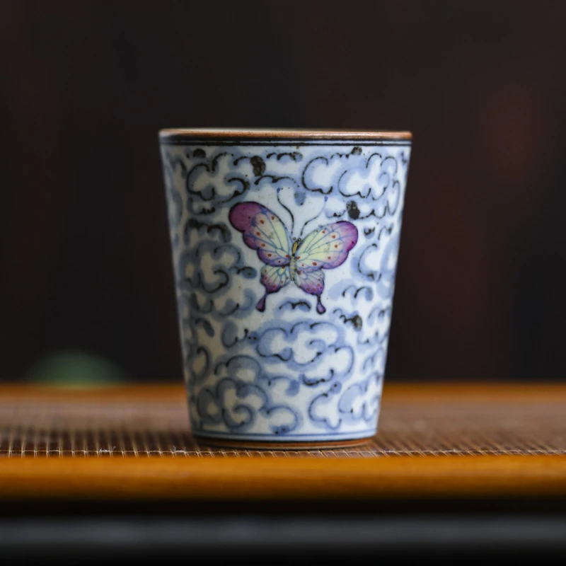 【小田甄陶】描金祥云蝴蝶直筒杯(120ml)（朴杯0249）