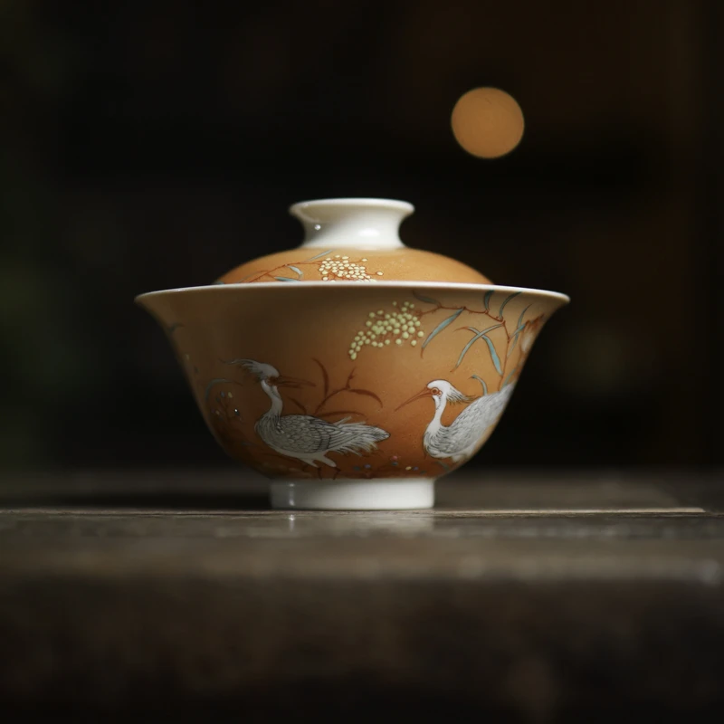 【小田甄陶】矾红堆白鹤趣-聖甫-盖碗-130ml（聖甫0097）