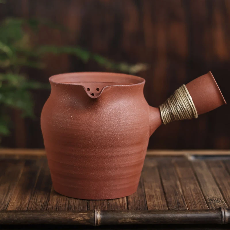 【小田甄陶】红陶泥-灰念-藤编陶泥罐罐壶-400CC（灰念0264）