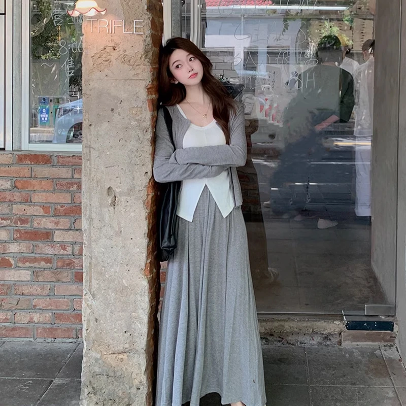 小个子慵懒风针织开衫套装女秋季新款收腰背心a字半身裙三件套