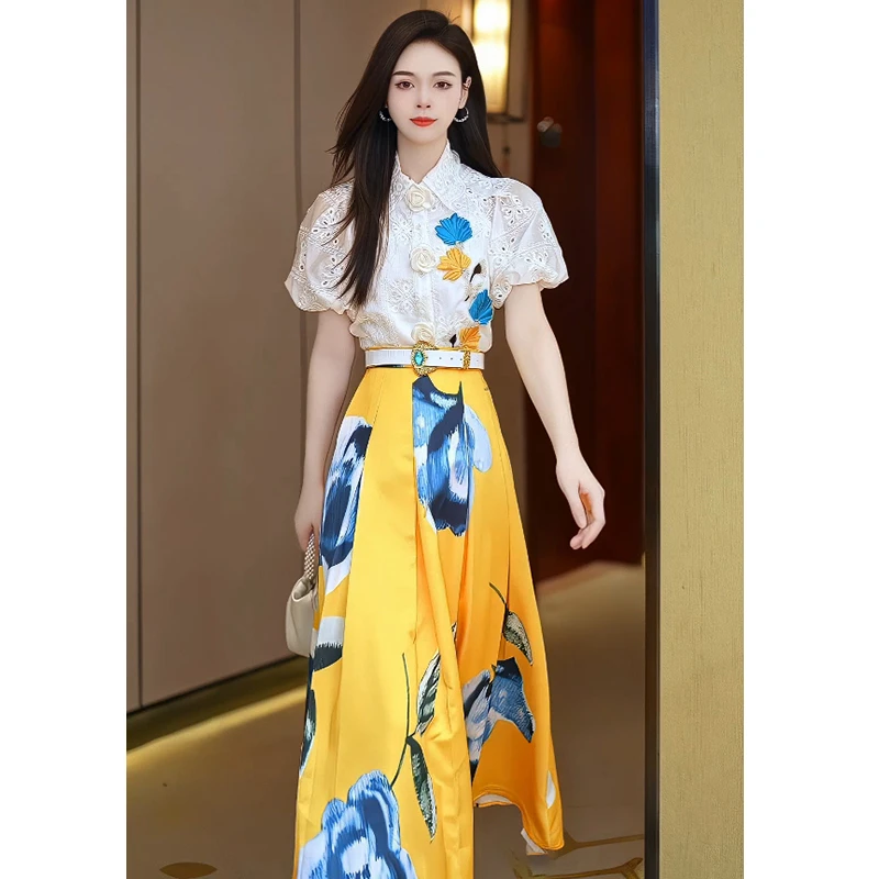 芙娜妮法式泡泡袖洋气衬衫春夏新款收腰半身裙百搭两件套F2413183