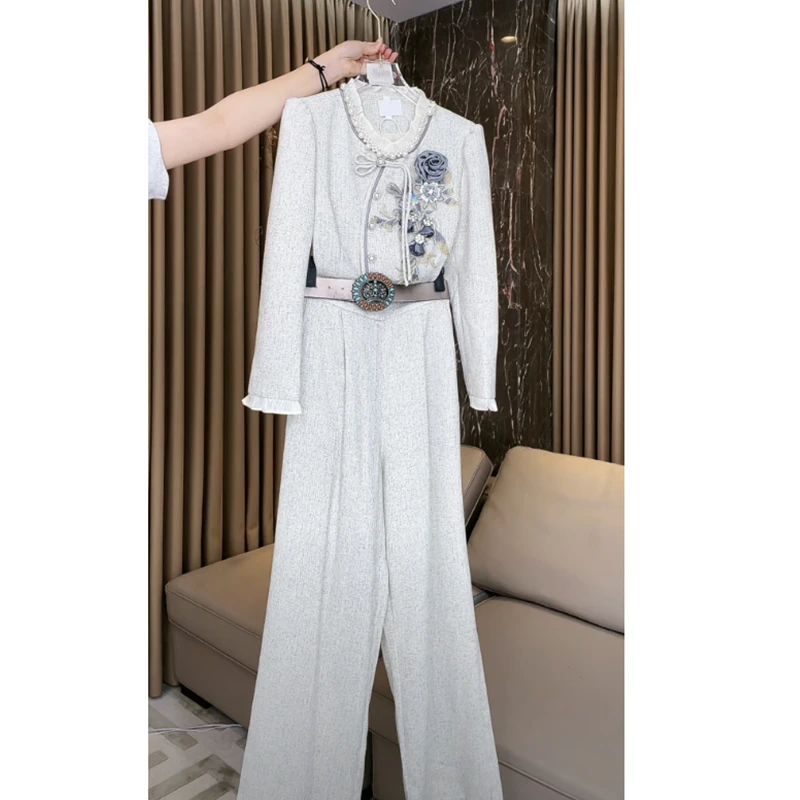 芙娜妮设计感圆领套装秋季重工小个子裤子显瘦复古两件套F2431688