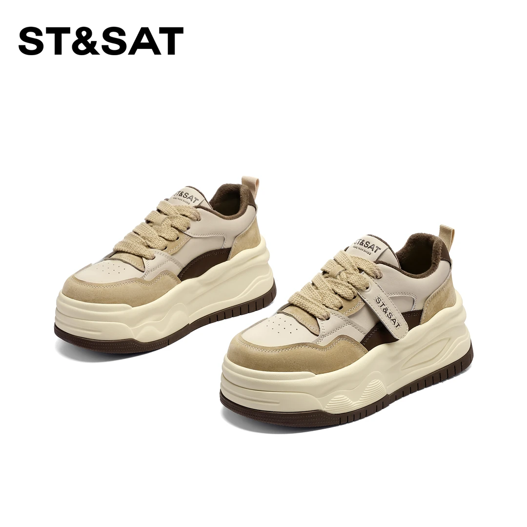 星期六厚底高颜值休闲鞋女2023秋冬新款学院风拼接潮流运动板鞋