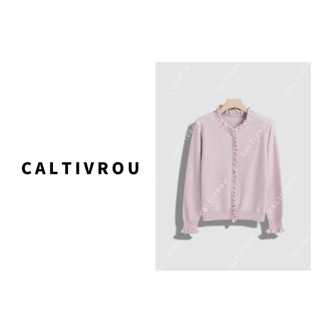 Caltivrou【阿紫】甜心欧蕾~木耳边钉珠百搭纯色针织衫-Y13932