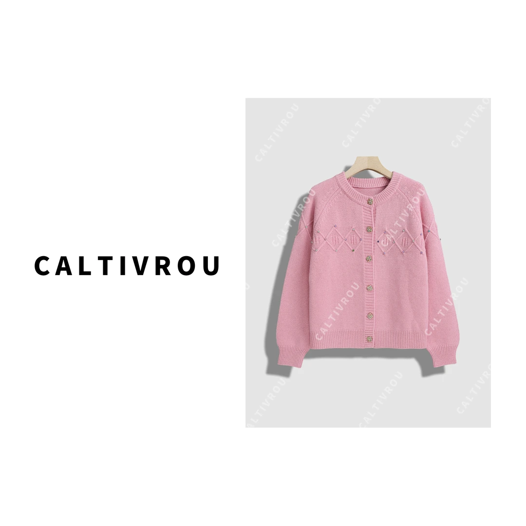 Caltivrou飞鸟与茶~重工烫钻软糯针织开衫-Y14196