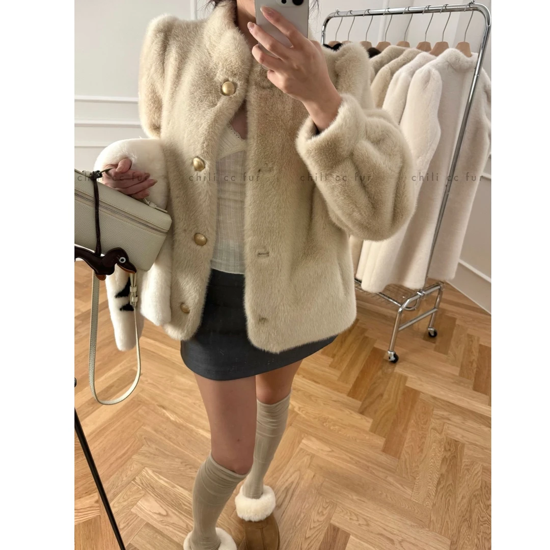 公主肩短款小立领公主肩金扣温婉短款冬季毛毛外套