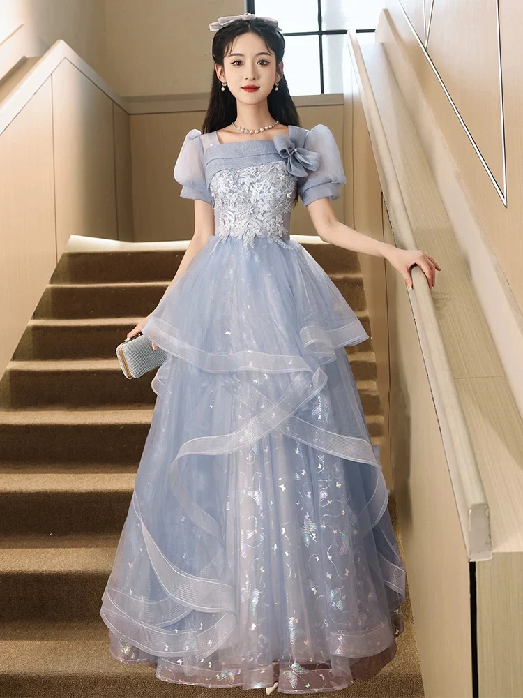 蓝色小晚礼服2025新款宴会高级感法式高端轻奢小众主持人蓬蓬裙女