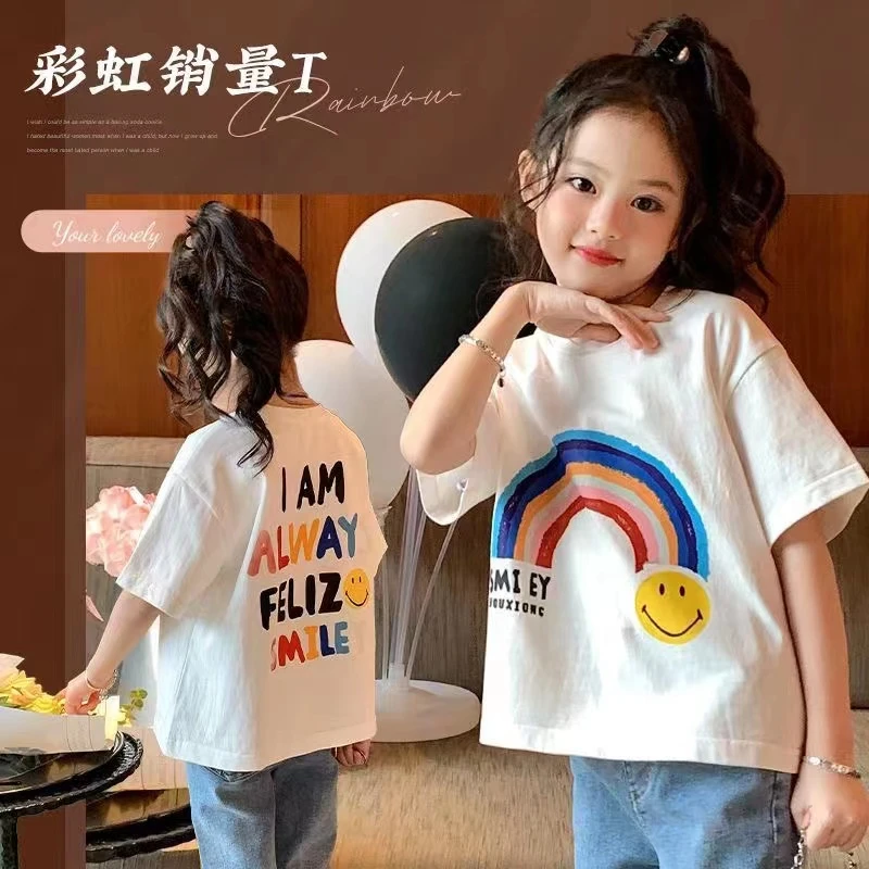 女童短袖夏季新款中大童上衣圆领韩版儿童洋气女孩字母印花棉T