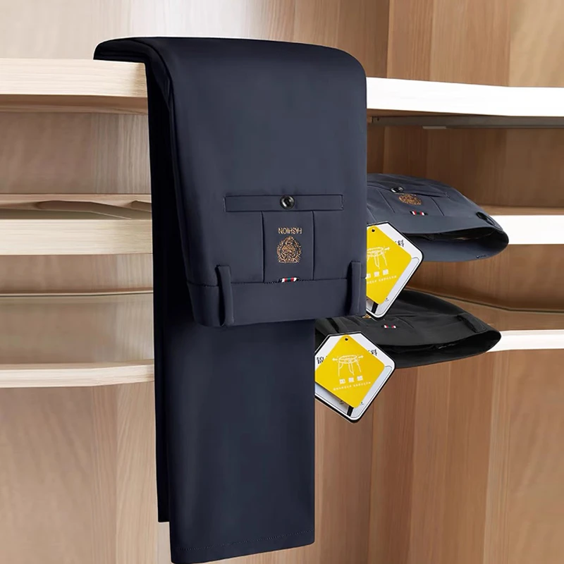 秋冬新款男士休闲裤厚款弹力虎头刺绣直筒裤高腰深档裤子商务保暖