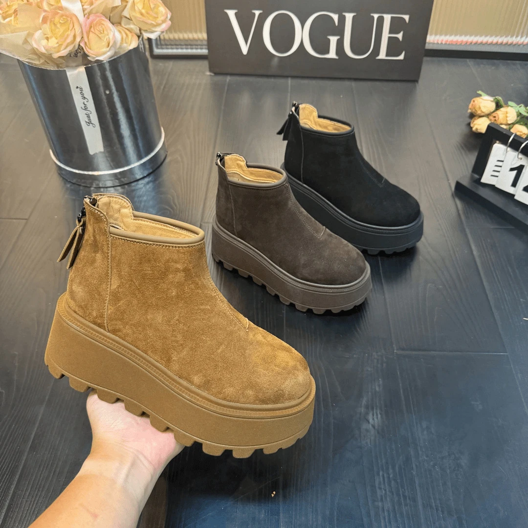 真皮女鞋时尚百搭小个子爆款真皮加绒保暖雪地靴女靴秋冬季棉鞋女