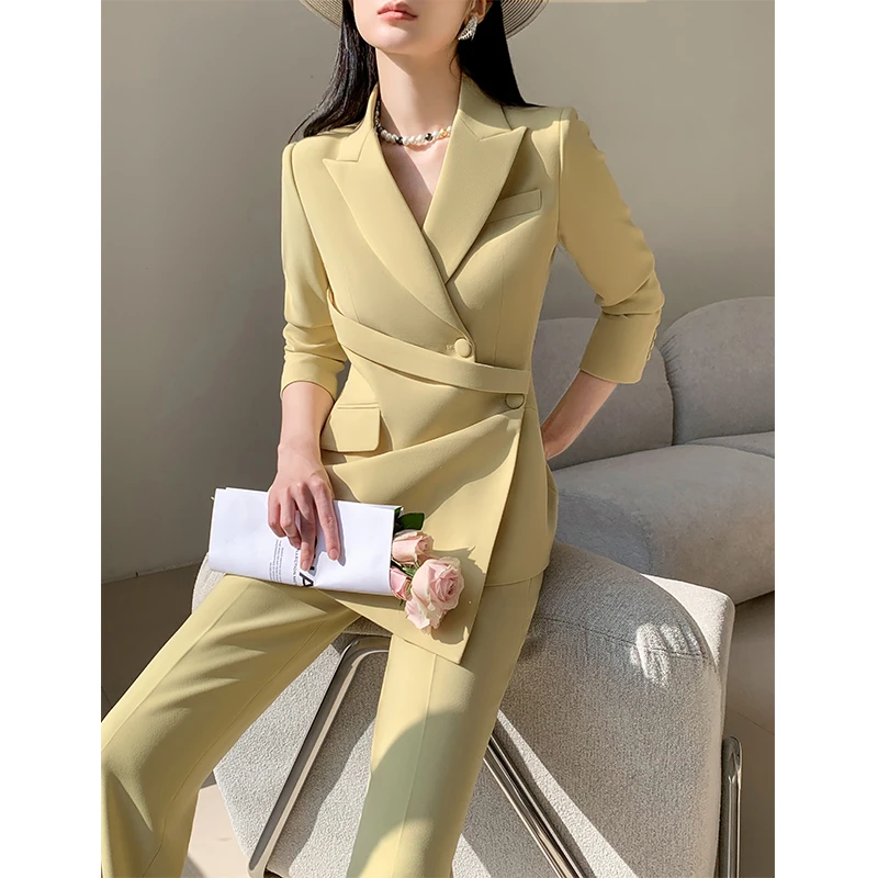 休闲西装套装女2024新款黄色设计师款女装小众西服套装女轻奢时尚