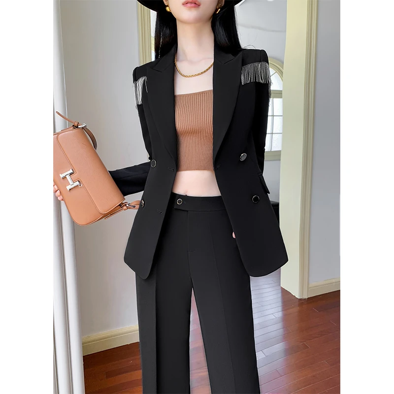 春秋气质时尚休闲西服黑色职业显瘦小个子高腰直筒修身通勤秋季