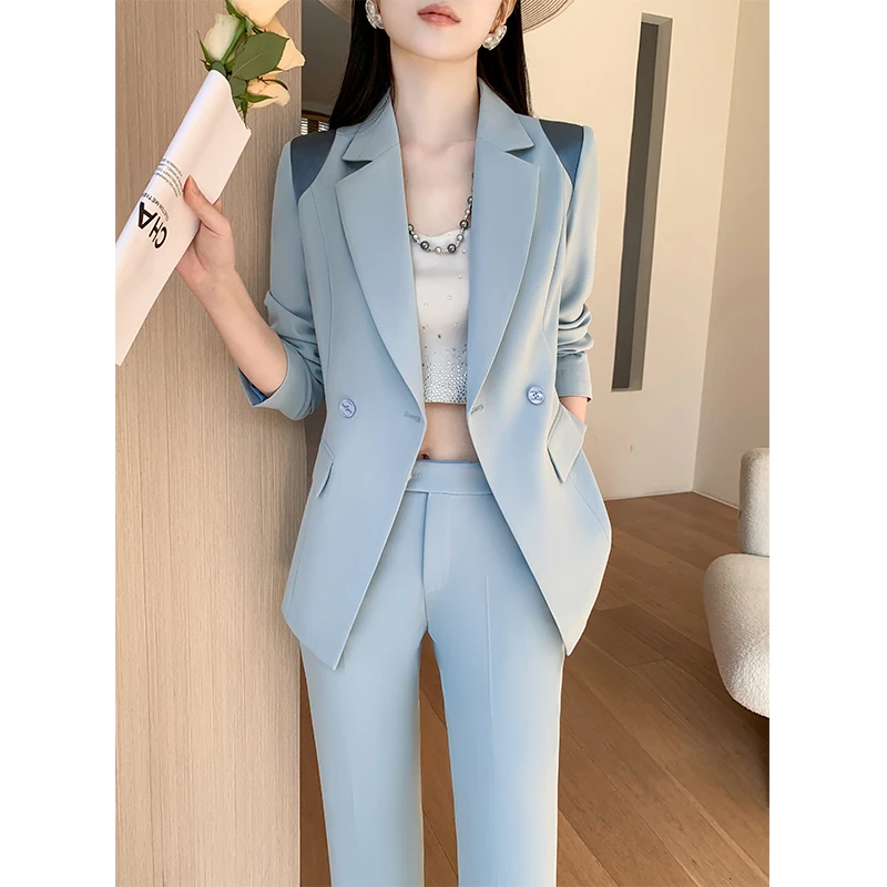 休闲西服套装女春秋时尚气质干练大牌高端正装西服修身显瘦蓝色薄