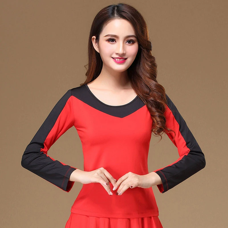 广场舞新款长袖黑色牛奶丝上衣跳舞练功服舞蹈服女运动夏季红衣服