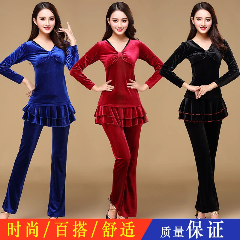 柳魅新款拉丁舞服装套装加厚金丝绒中老年广场舞裙裤跳舞衣秋冬女