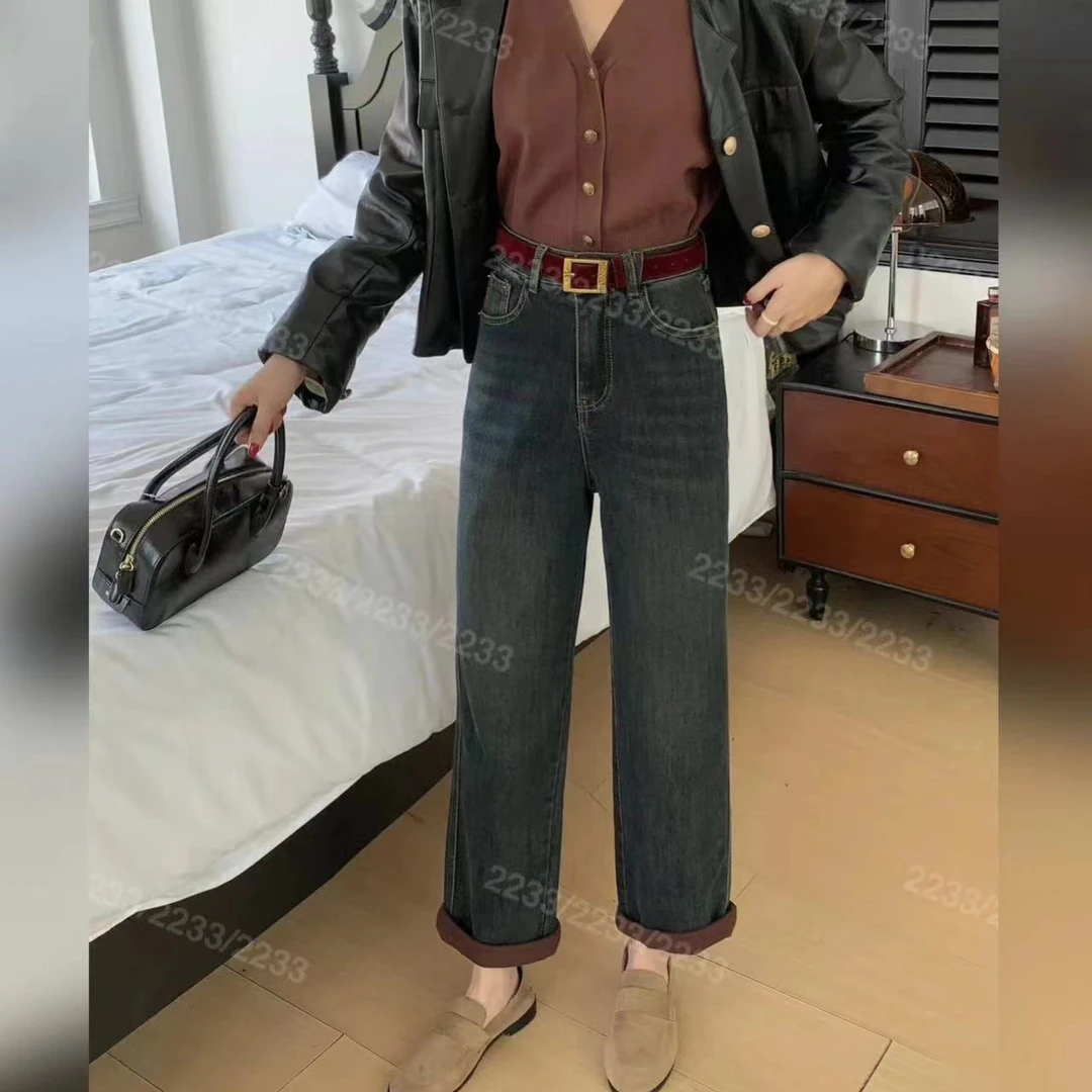 潮2233款挽边植绒牛仔裤