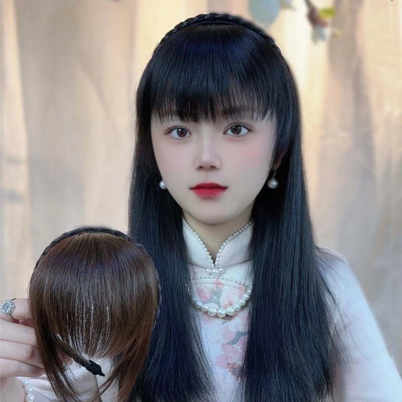 刘海发箍真发一体式女自然前额头顶鬓角遮白发碎齐刘海假发片