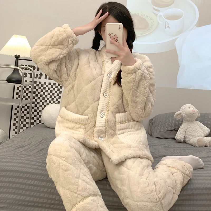 【夹棉8114】睡衣女秋冬季加厚保暖三层夹棉袄大码家居服珊瑚绒套装