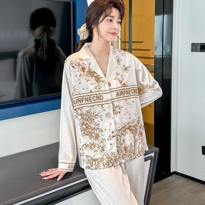 【专柜版】冰雪丝高奢春夏新款长袖睡衣女套装家居服时尚气质洋气