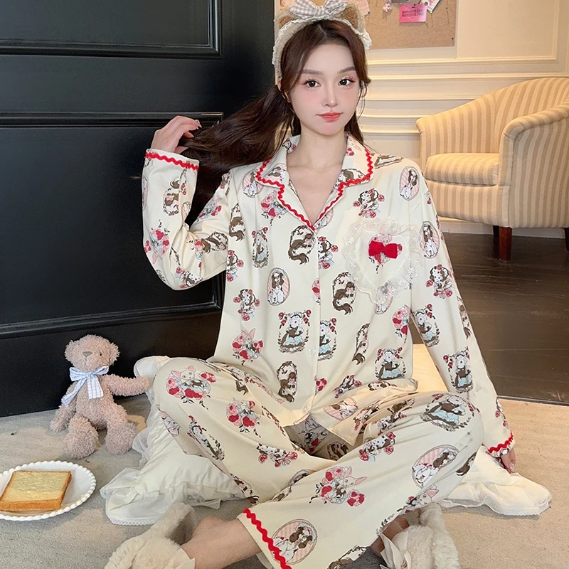 【棉2289】网红爆款春秋新长袖可爱卡通猫咪蕾丝花边少女家居服套装