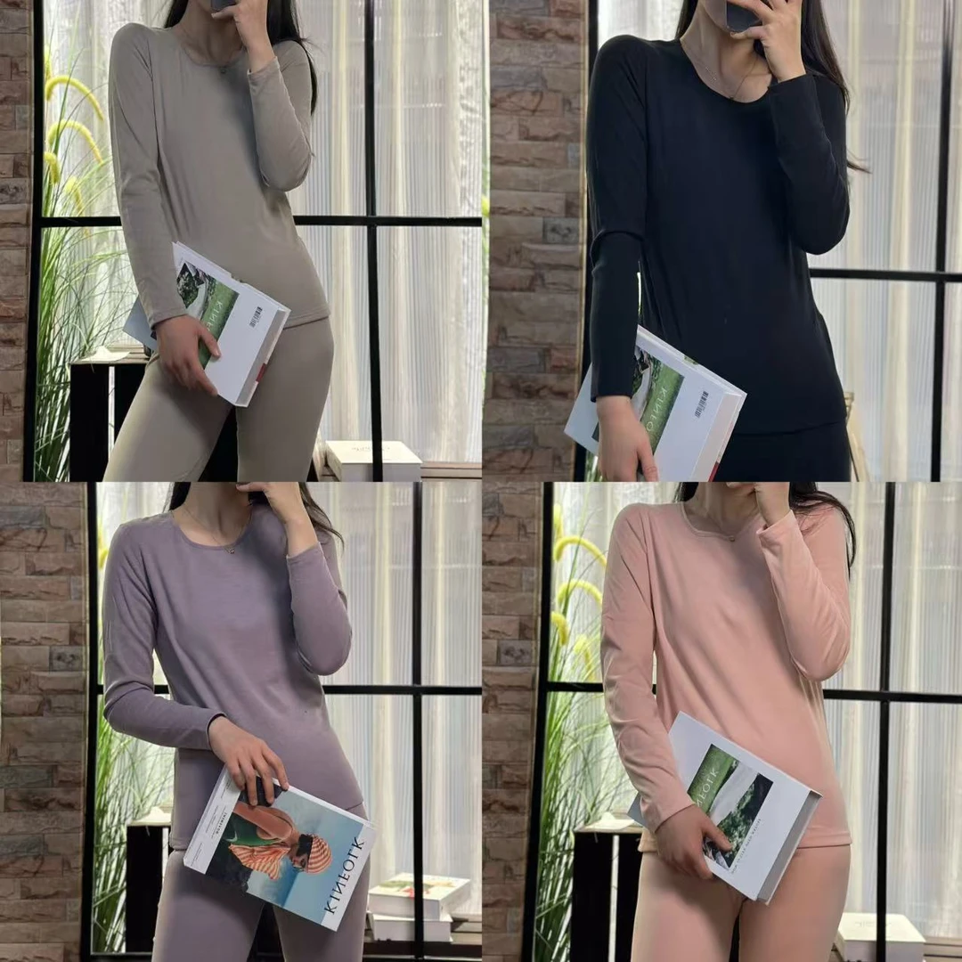 东大门精选秋冬款圆领亲肤显瘦弹力打底桑蚕丝女士保暖内衣套装