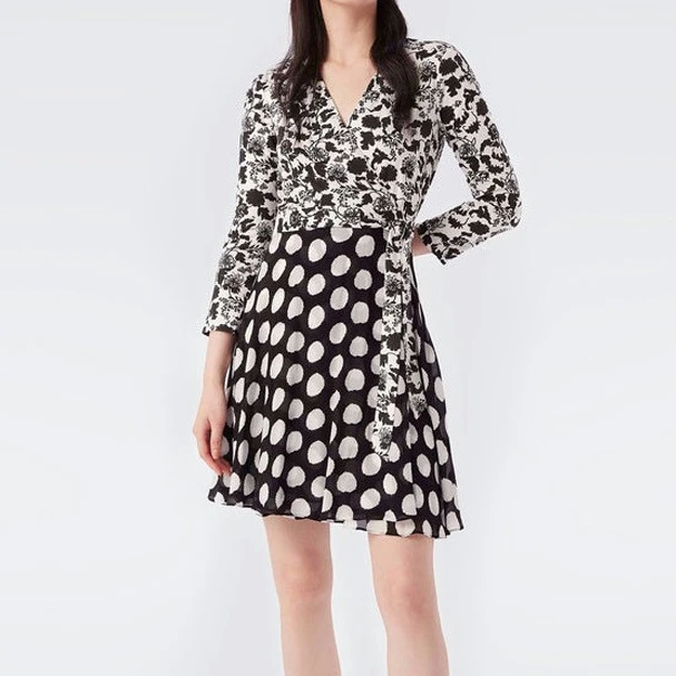 【水晶麻+雪纺】黑色印花气质显瘦七分袖复古法式拼接连衣裙裹身裙