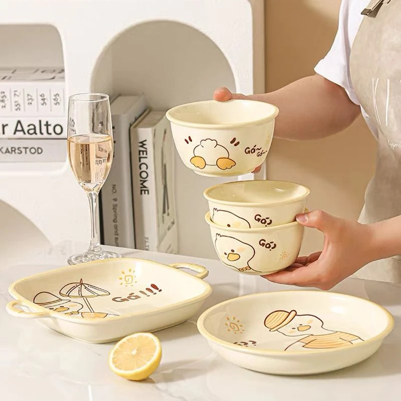 可爱餐具家用碗碟小黄鸭陶瓷碗碟子双耳碗碗陶瓷碗米饭碗菜盘鱼盘