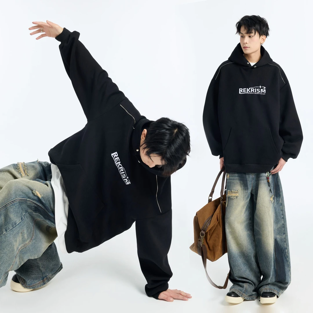 秋冬加绒加厚字母刺绣卫衣男高街连帽拉链设计外套重上衣