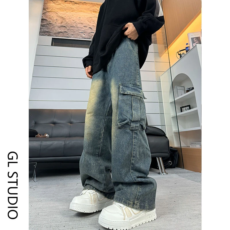 GKKRT美式工装牛仔裤男潮牌大口袋痞帅水洗做旧复古直筒阔腿裤子