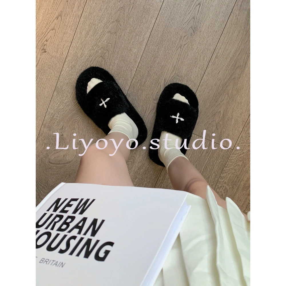 毛毛拖鞋女外穿2024秋冬新款韩版ins潮鞋毛茸茸刺绣居家厚底拖鞋F