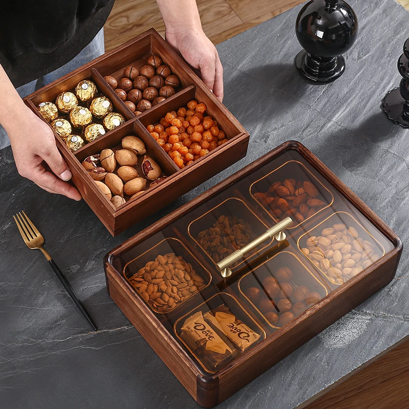 水果盘客厅家用玻璃茶几点心零食干果坚糖果小吃碟木制分格收纳盒
