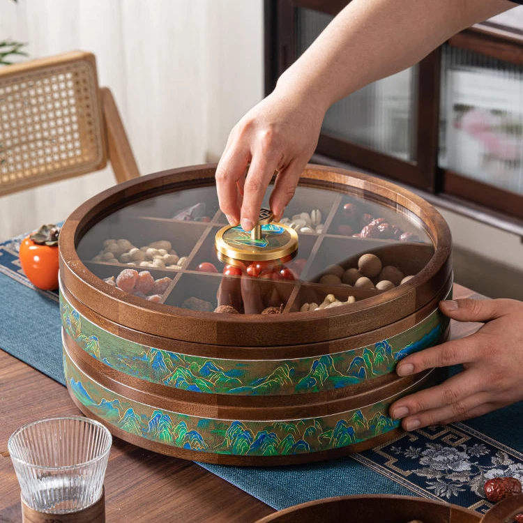 轻奢时尚复古双层多用防潮分格餐厅密封四格千里江山干果盒零食盒