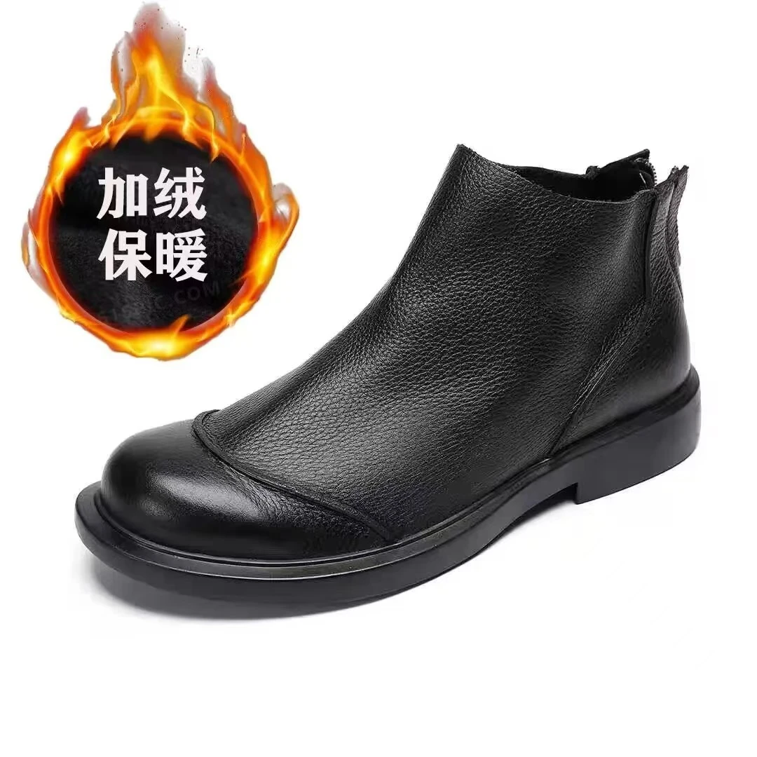 冬季加绒靴男士英伦风高帮头层牛皮拉链短靴切尔西男鞋子休闲加厚