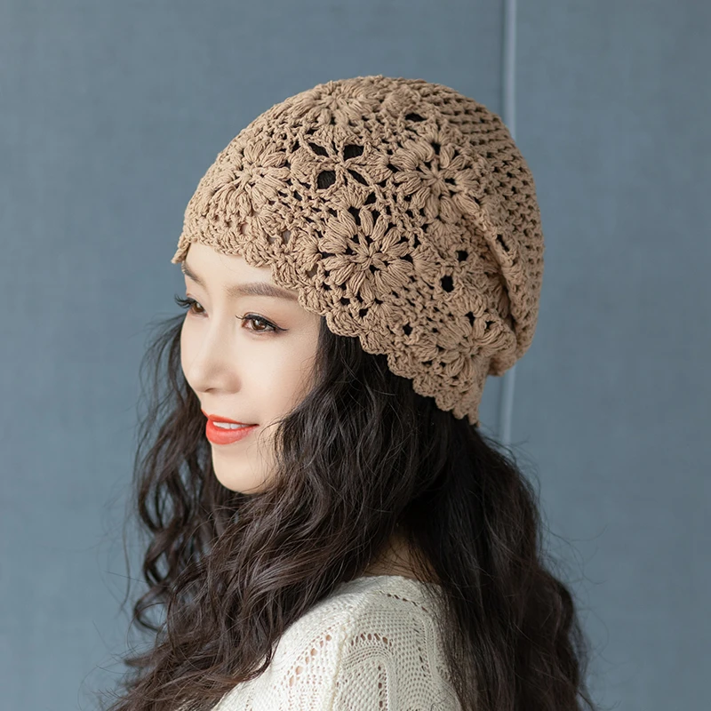 帽子女款2025新款夏季薄款蕾丝遮白发勾花镂空手工女士时尚包头帽
