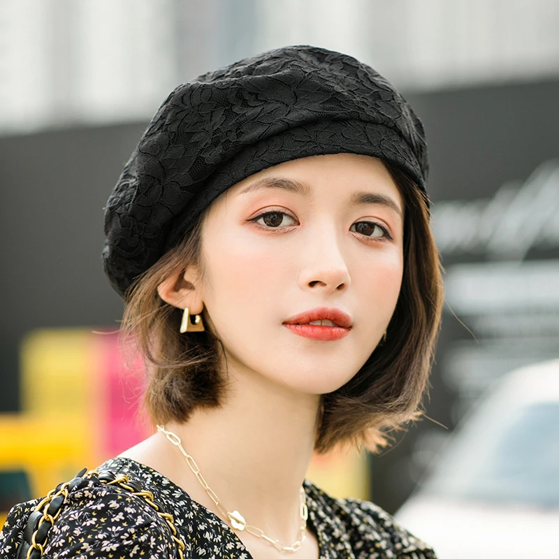 帽子女春秋新款适合短发戴时尚百搭女士薄款蕾丝黑色贝雷帽八角帽