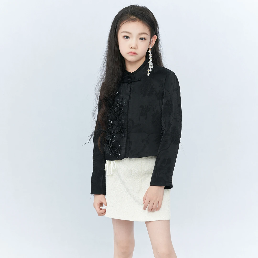 夏羽墨女童春夏新款黑色刺绣立领外套夏季复古薄款立体印花外搭