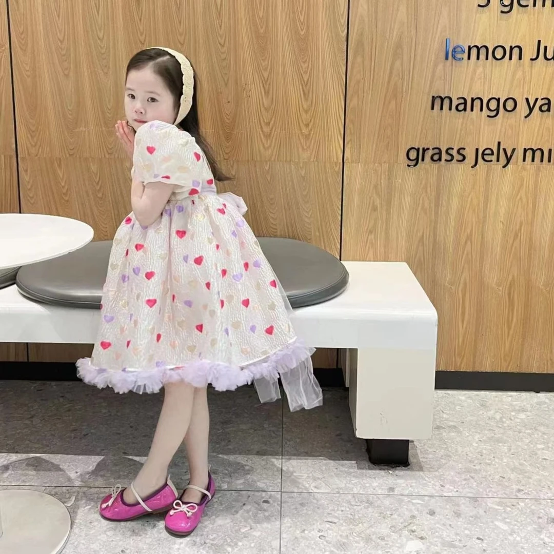 夏羽墨女童粉色泡泡袖爱心公主裙夏季宝宝儿童洋气碎花女孩连衣裙
