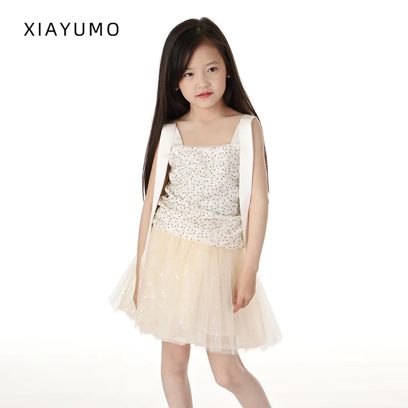 夏羽墨女童香槟色夏季时尚百搭日常纱纱裙洋气日常穿搭生日蓬蓬裙