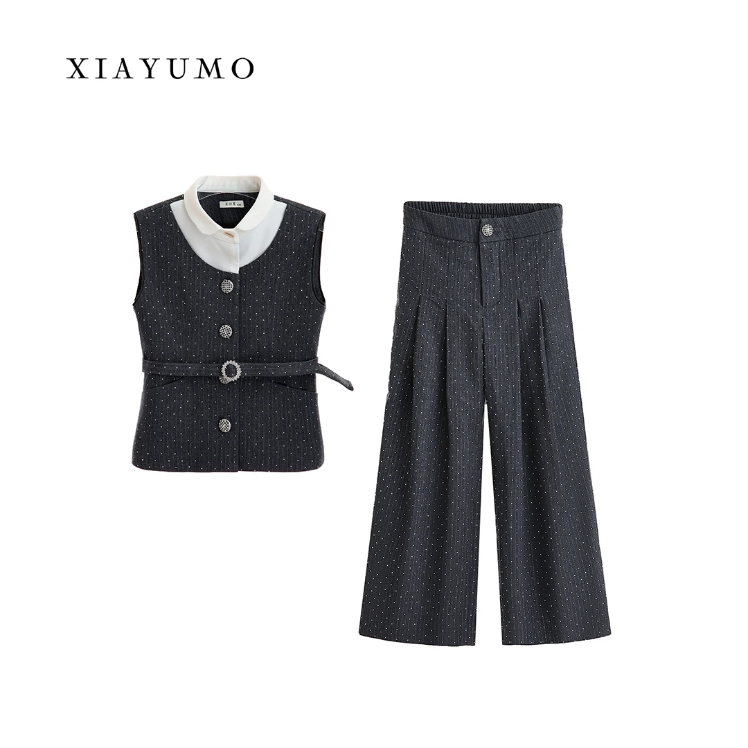 夏羽墨灰色条纹拼接马甲条纹长裤套装时尚气质女士无袖轻奢高端