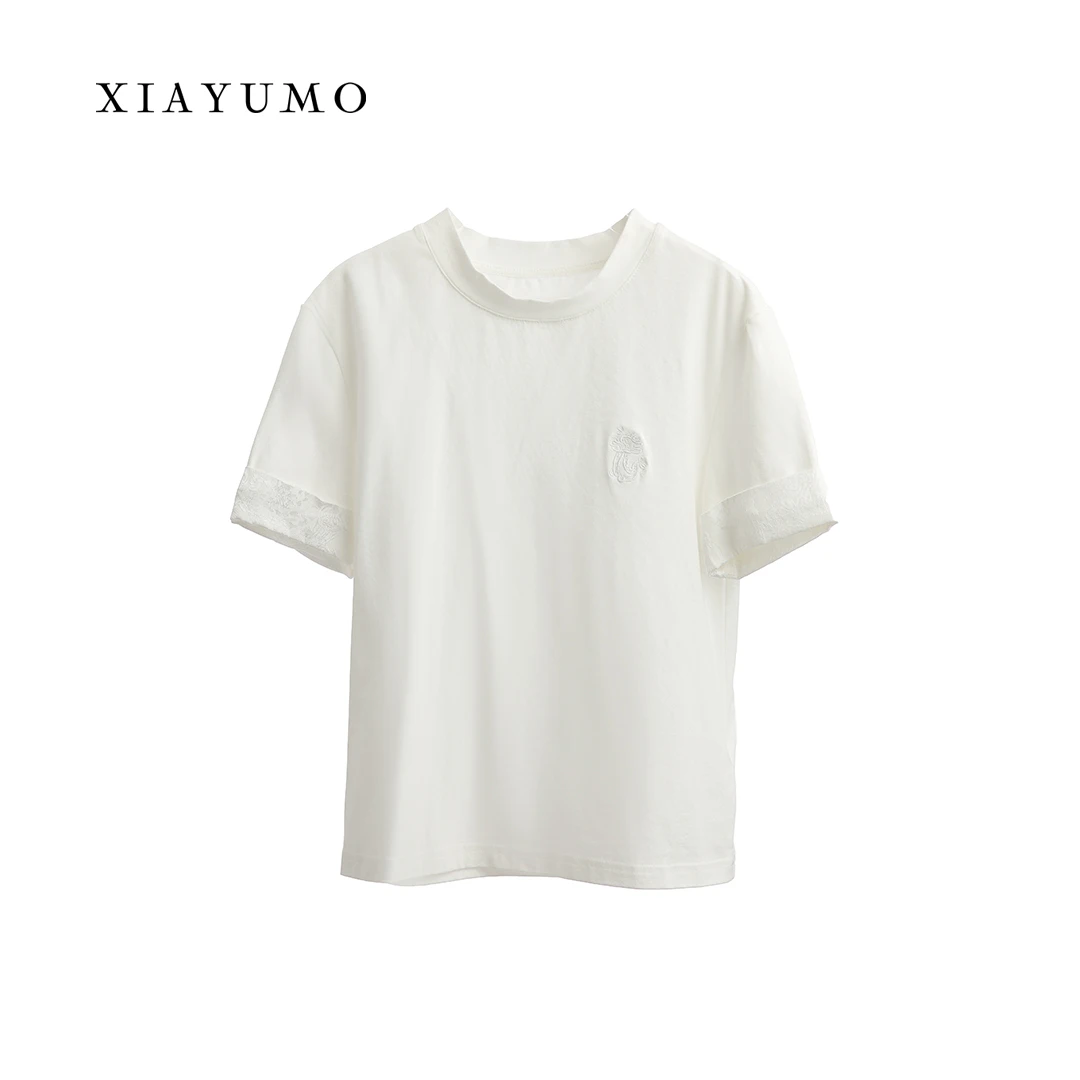 夏羽墨夏季女童高级时尚百搭休闲宽松手工刺绣白色短袖T恤