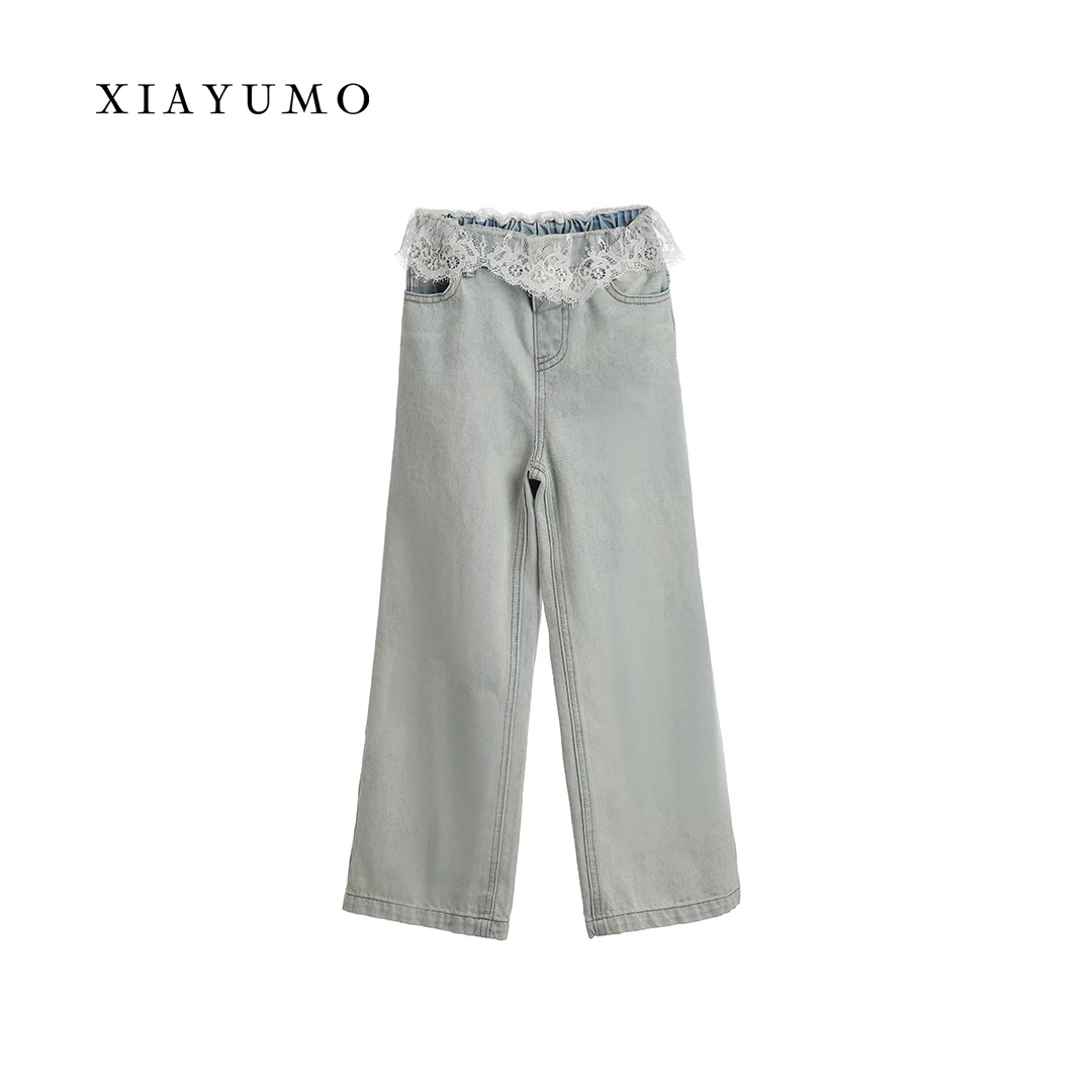 夏羽墨女童春夏新款蓝色时尚百搭宽松牛仔裤中腰气质休闲蕾丝裤子