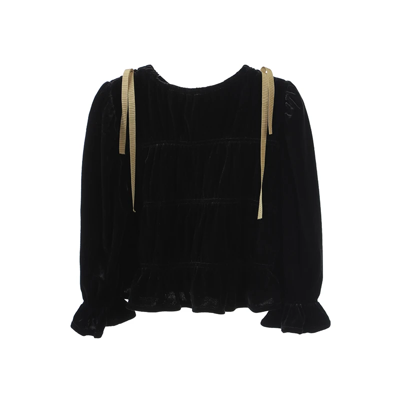 夏羽墨女童秋冬新款墨绿色丝绒打底衫飘带圆领百搭时尚套头内搭