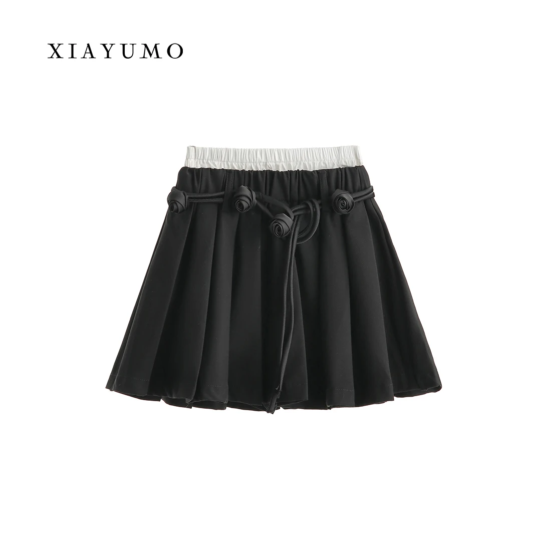 夏羽墨女童夏季新款黑色花朵拼接半裙气质时尚通勤百搭半身裙