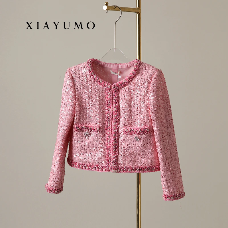 夏羽墨女童秋冬新款粉色亮片气质名媛风外套法式短款圆领儿童外搭